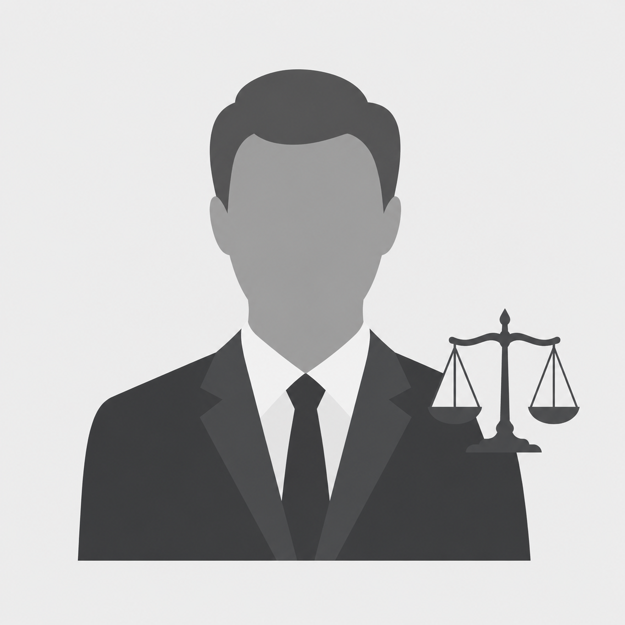 Gray-scale illustration of a faceless man in a suit with a justice scale icon beside him, symbolizing corporate and business law attorneys and the legal profession.