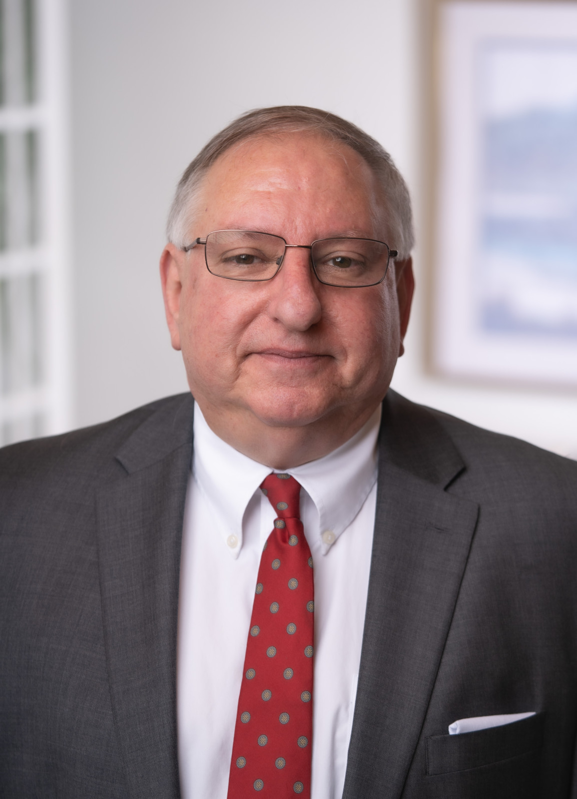 A man wearing glasses, a gray suit, white shirt, and red patterned tie stands indoors in front of a blurred background, embodying the professional image of a full service law firm.