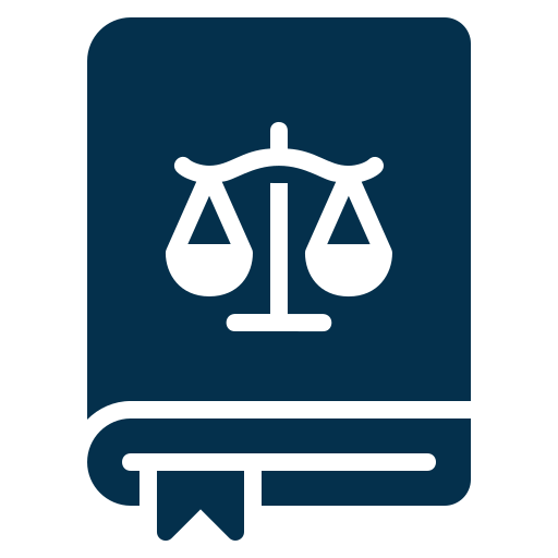 Icon of a closed book with a bookmark, featuring a balanced scale symbol on the cover, representing law or legal matters and various law firm practice areas.