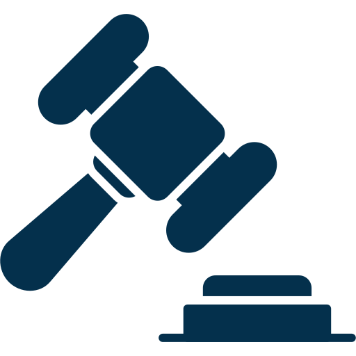 Icon of a judge’s gavel striking a sound block, symbolizing law, justice, or legal proceedings. This dark blue image on a light background is ideal for representing law firm practice areas.
