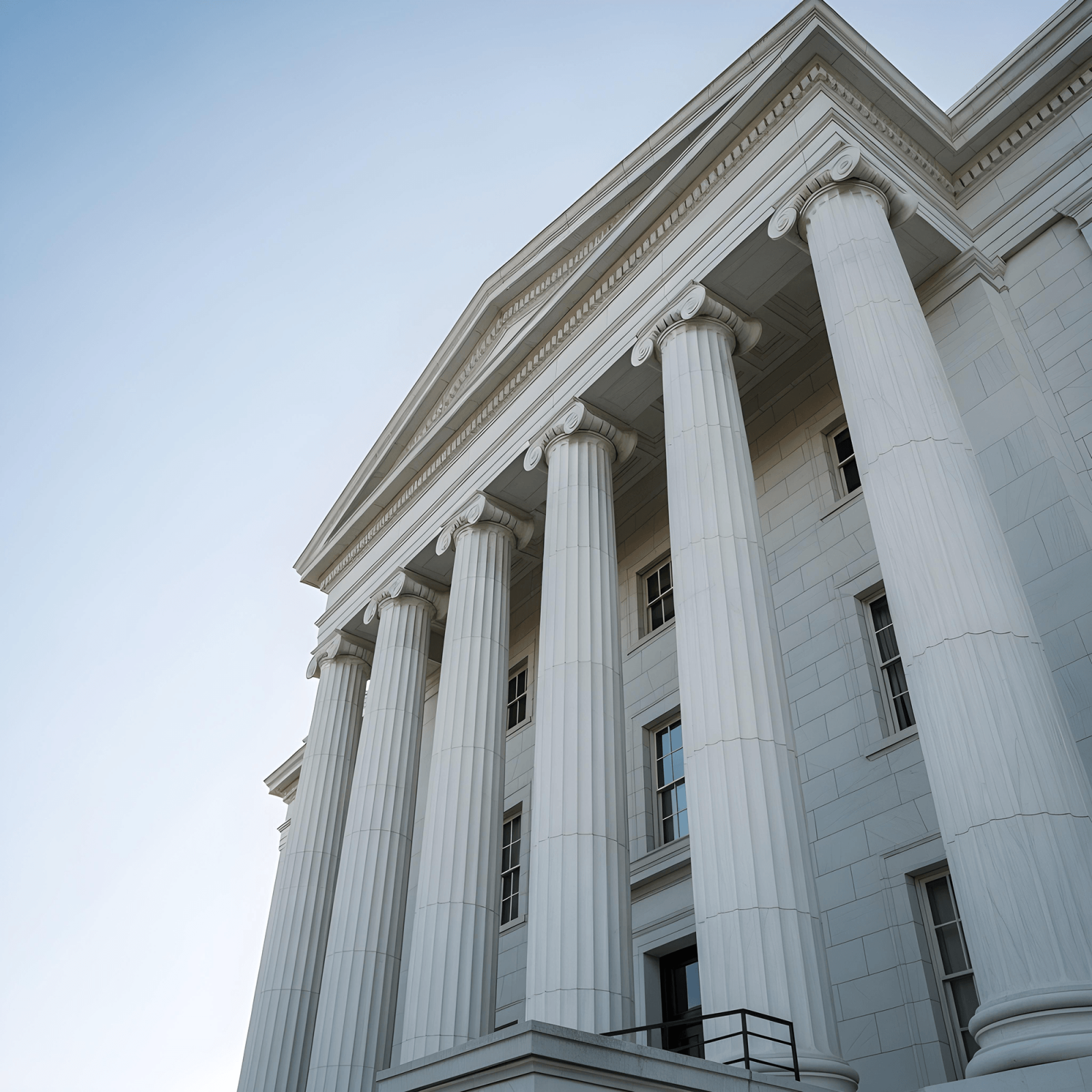 White neoclassical building with tall columns and a triangular pediment, viewed from below against a clear blue sky—a fitting setting for significant events such as commercial contract arbitration.
