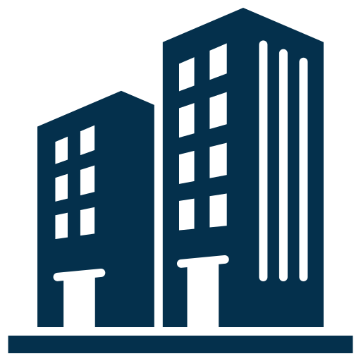 Icon of two dark blue office buildings with multiple windows and doors, set against a light background, representing the diverse law firm practice areas found within modern legal offices.