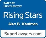 Blue badge with text: “Rated by Super Lawyers. Rising Stars. Alex B. Kaufman. SuperLawyers.com”.