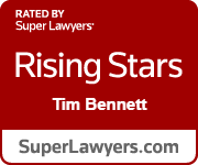 Red badge displaying “Rated by Super Lawyers, Rising Stars, Tim Bennett” with “SuperLawyers.com” at the bottom in a gray stripe.