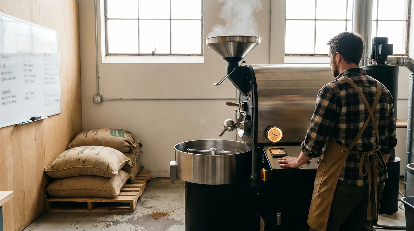 worker in apron operating industrial coffee roasting machine with burlap sacks nearby