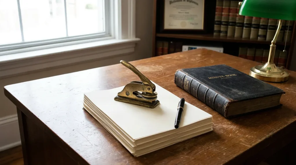 notary embosser seal, Minute Book, and fountain pen on attorney desk