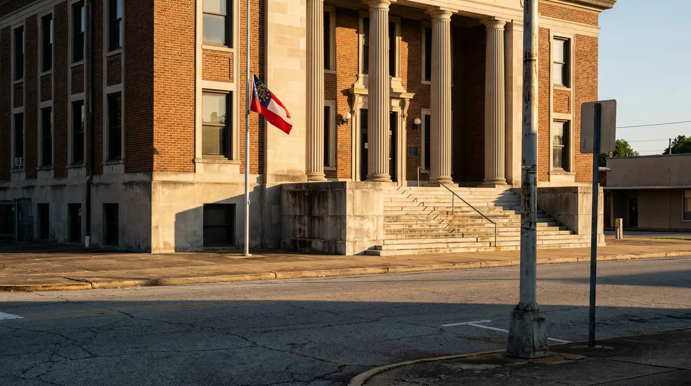 Georgia state courthouse exterior with columns, flag, and entrance steps