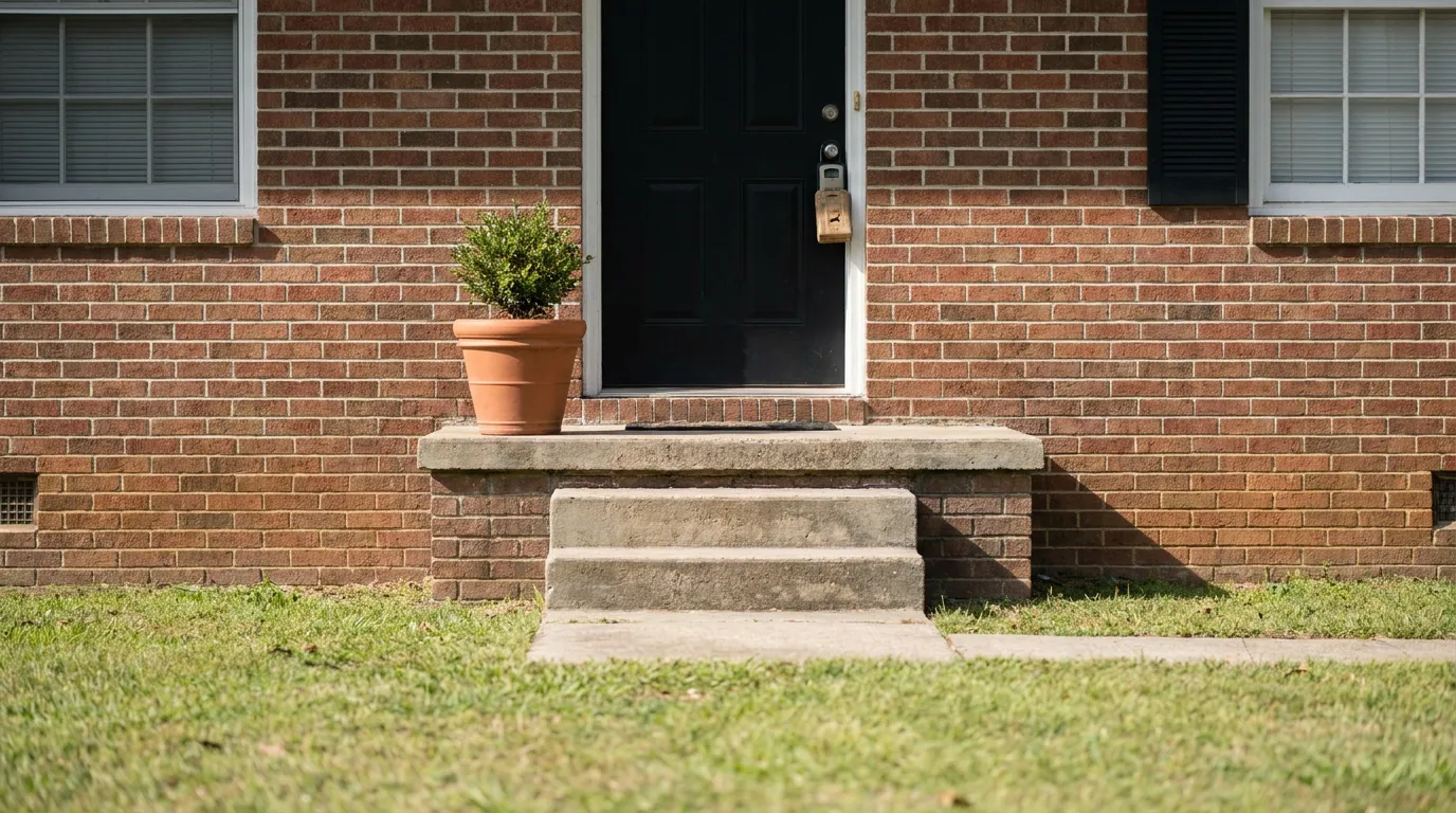 brick home exterior with front door, concrete steps, and potted plant