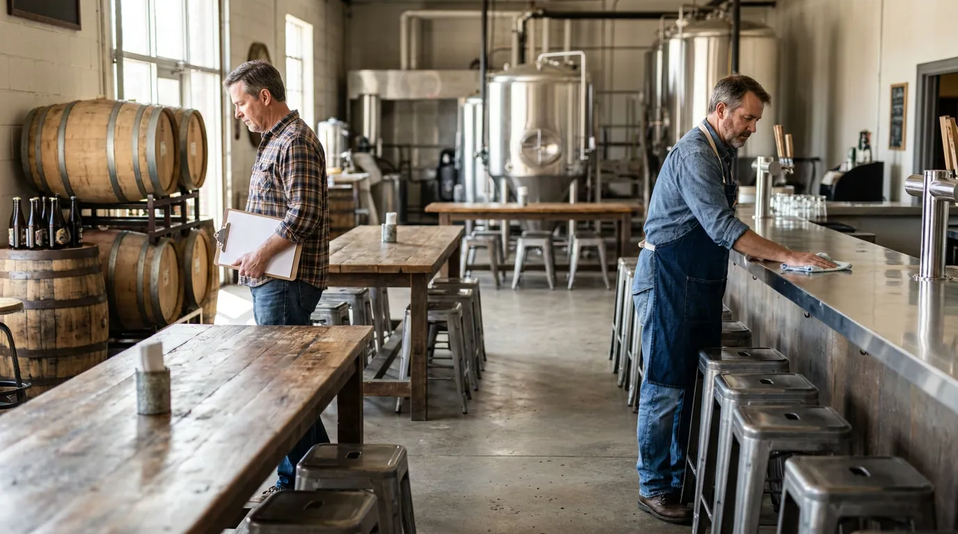 two workers in brewery taproom with barrels, bar counter, and brewing tanks