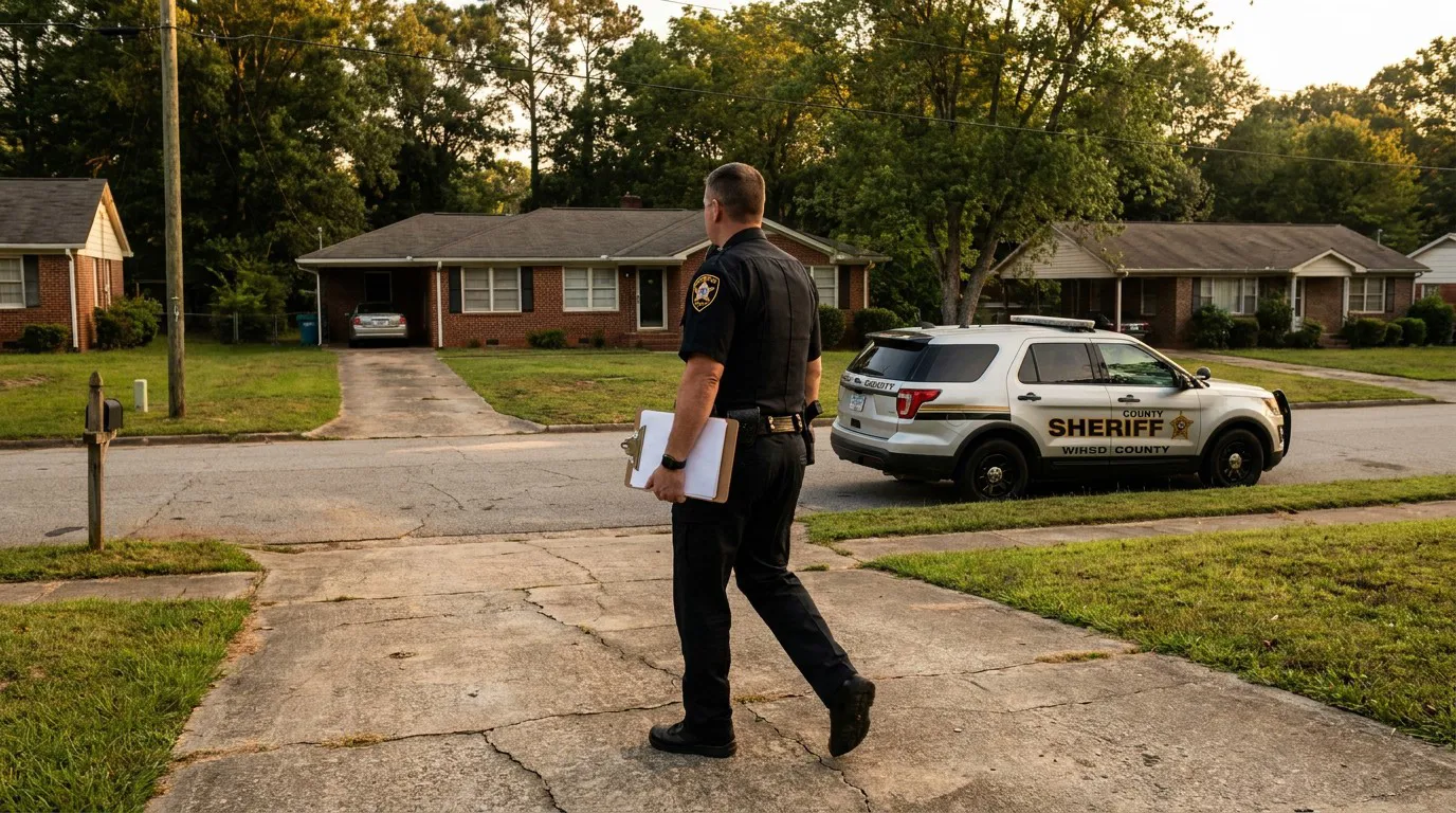 county sheriff deputy carrying clipboard walking toward residential home