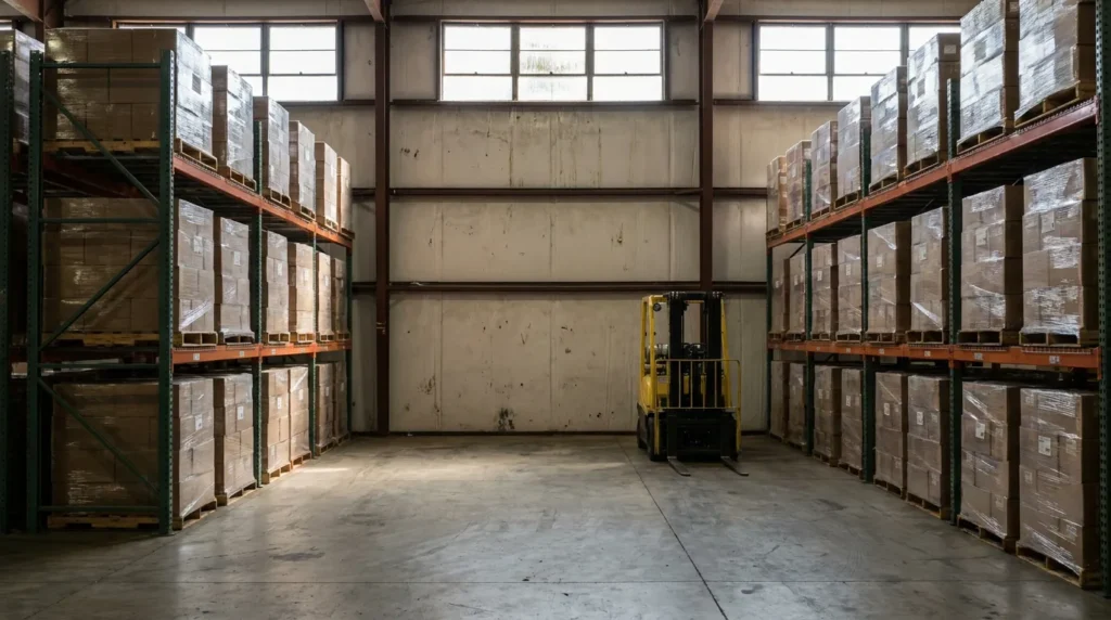 forklift parked between tall warehouse shelving units stacked with palletized boxes