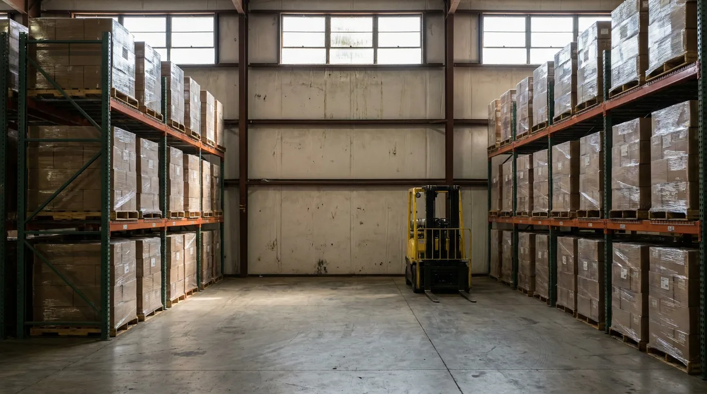 forklift parked between tall warehouse shelving units stacked with palletized boxes