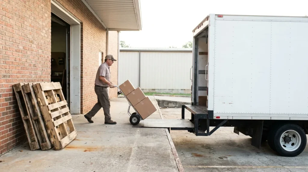 worker using hand truck to load cardboard boxes onto delivery truck ramp
