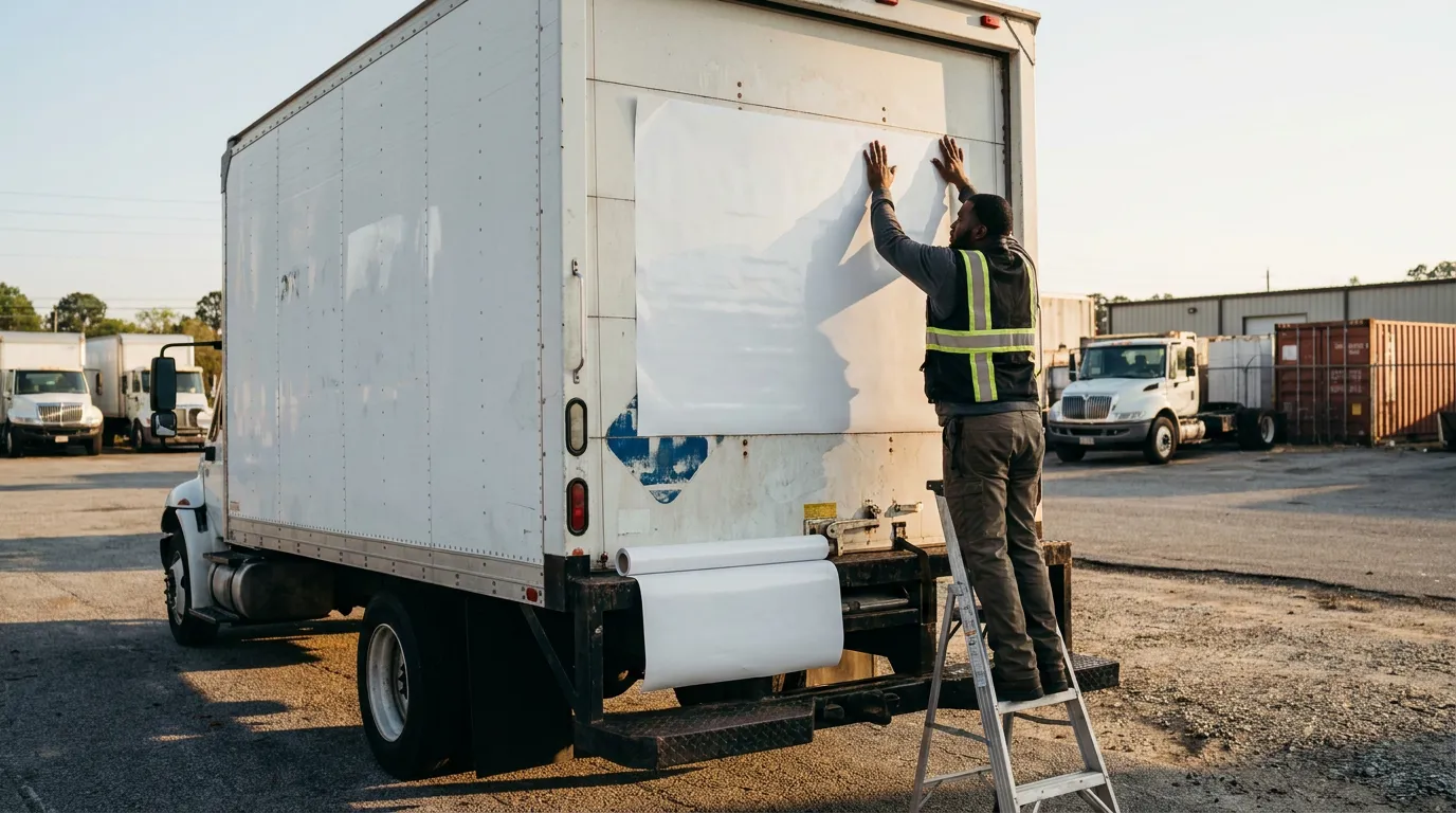 worker in safety vest applying vinyl wrap to commercial box truck exterior
